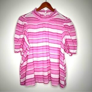 Crown & Ivy Vibrant Pink and White Smocked Striped Blouse Top Size XL